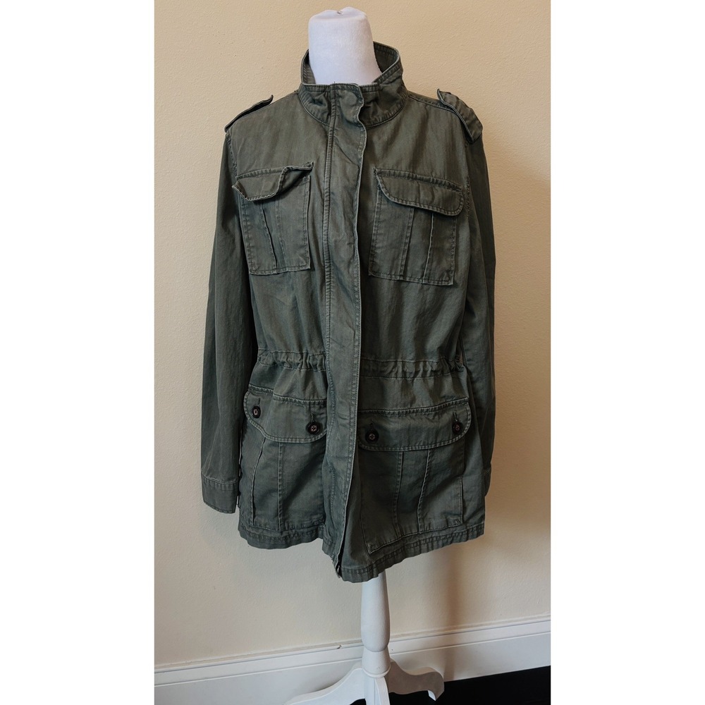 Merona Field Jacket Women XL Green Utility Multi Pocket Mock Neck Military Zip